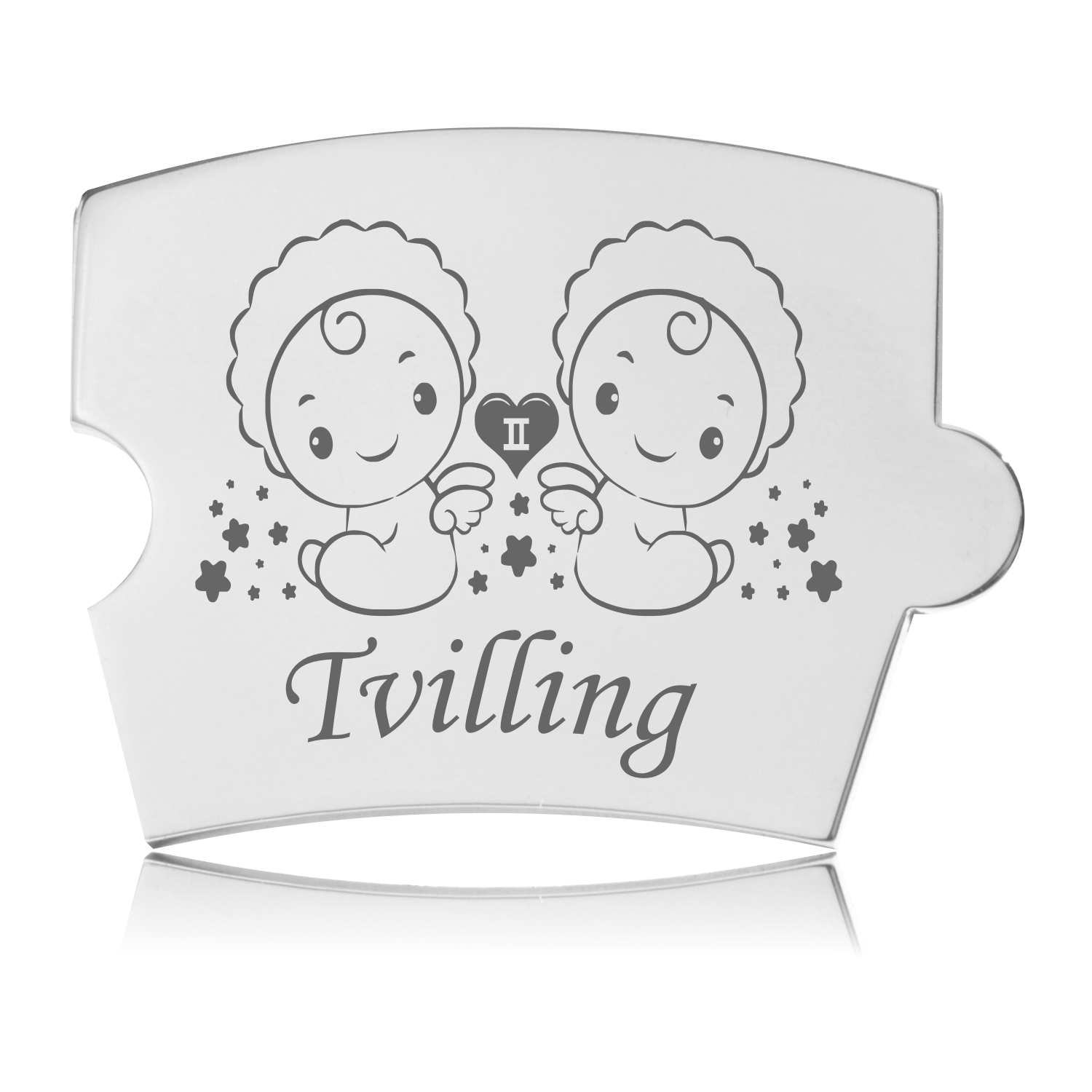Memozz Spin Stjernetegn Tvilling brik Memozz Spin Stjernetegn Tvilling brik i rustfrit stål med gravering af to babyer og tvillingetegnet. Personlig gave til tvillingedåb.