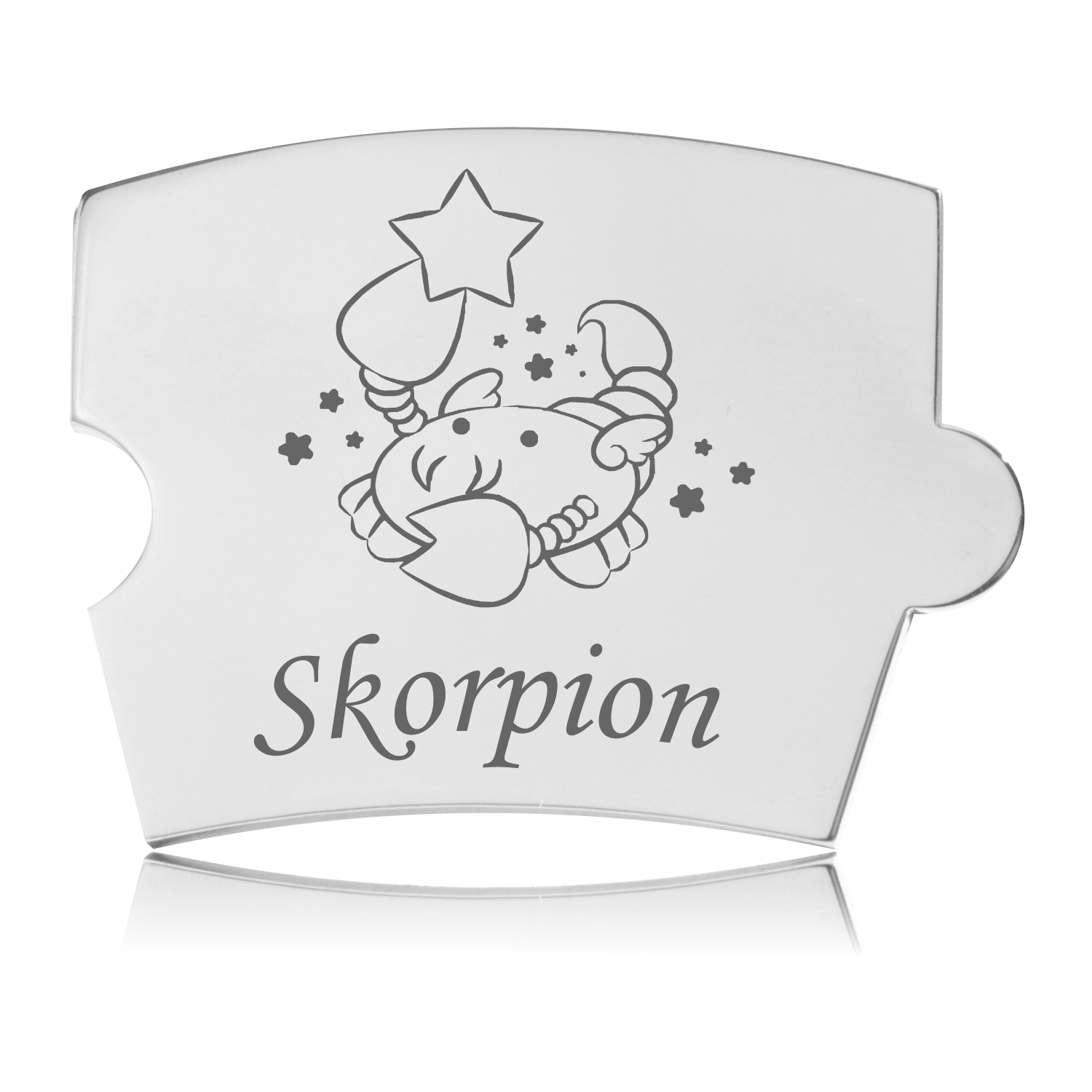 Memozz Spin brik med indgraveret Skorpion stjernetegn og stjerner på håndpoleret rustfrit stål, klar til mindetavle.