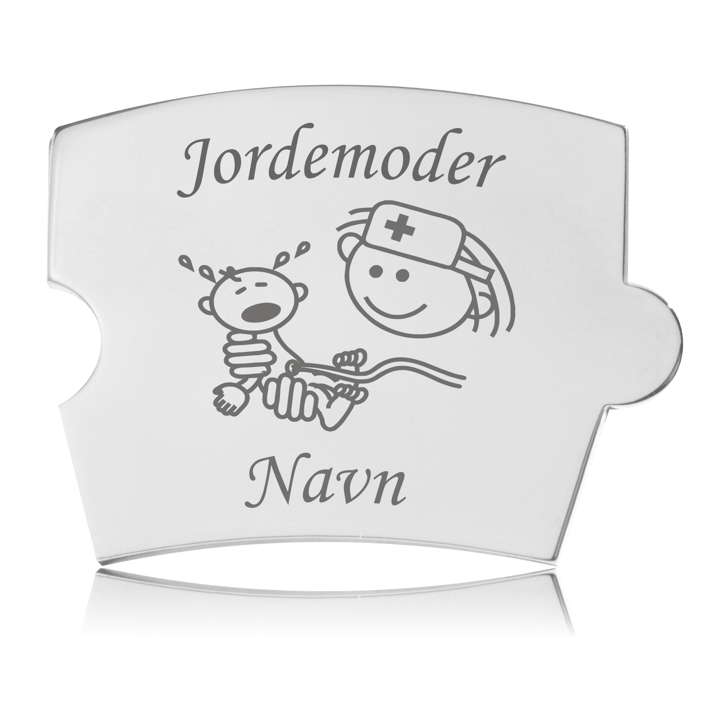 Memozz Spin brik i håndpoleret rustfrit stål med lasergraveret illustration af en jordemoder og grædende baby samt teksten "Jordemoder Navn"