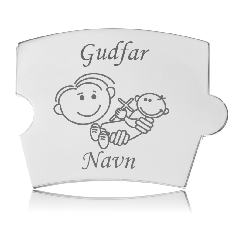 Blank, håndpoleret rustfri stålbrik til Memozz Spin med gravering af "Gudfar" og figurer der holder et kors