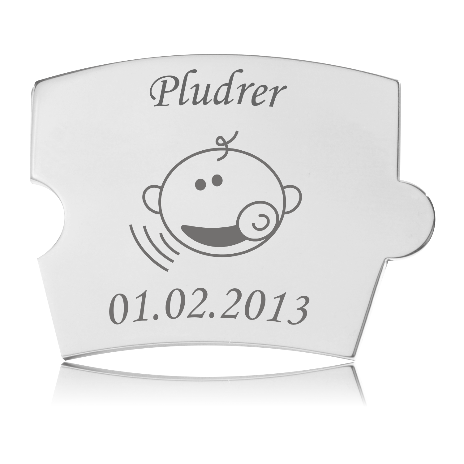 Memozz Spin - Pludrer Mindebrik Memozz Spin - Pludrer brik i blankt, håndpoleret stål med lasergraveret babyansigt og teksten "Pludrer"