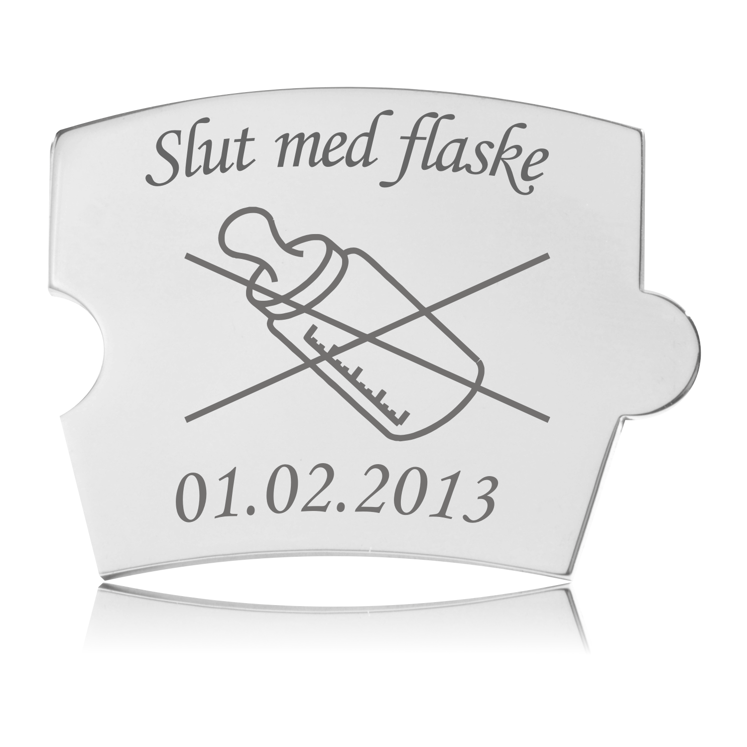 Memozz Spin mindebrik "Slut med flaske" i rustfrit stål med tydelig lasergravering af en overstreget sutteflaske