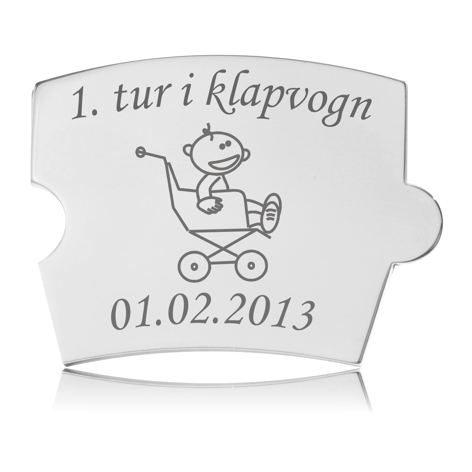 Memozz Spin mindebrik "Første tur i klapvogn" i graveret rustfrit stål med motiv af baby i klapvogn