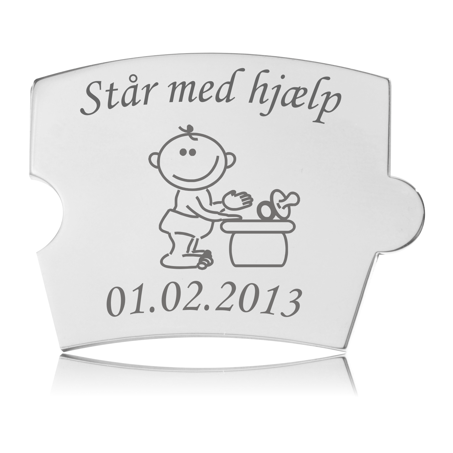 Memozz Spin brik i håndpoleret rustfri stål med gravering "Står med hjælp" og et sødt babymotiv