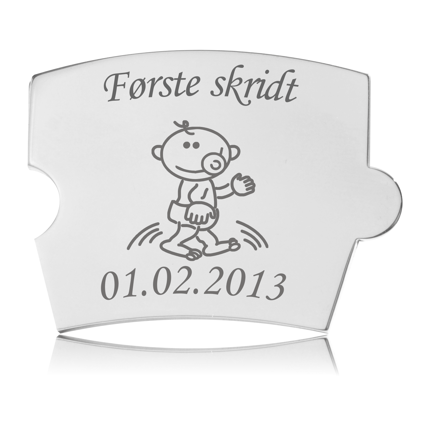 Memozz Spin Brik - Første skridt Memozz Spin brik i poleret rustfrit stål med gravering "Første skridt" og babyfigur