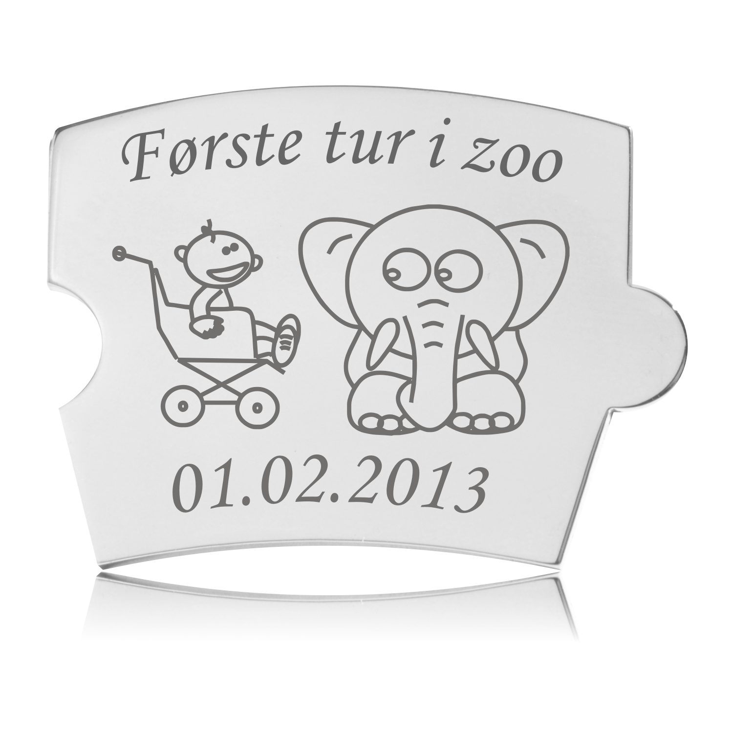 Spin Brik - Første tur i zoo Memozz Spin brik 'Første tur i zoo' med gravering af en elefant og en baby i en barnevogn i poleret stål.
