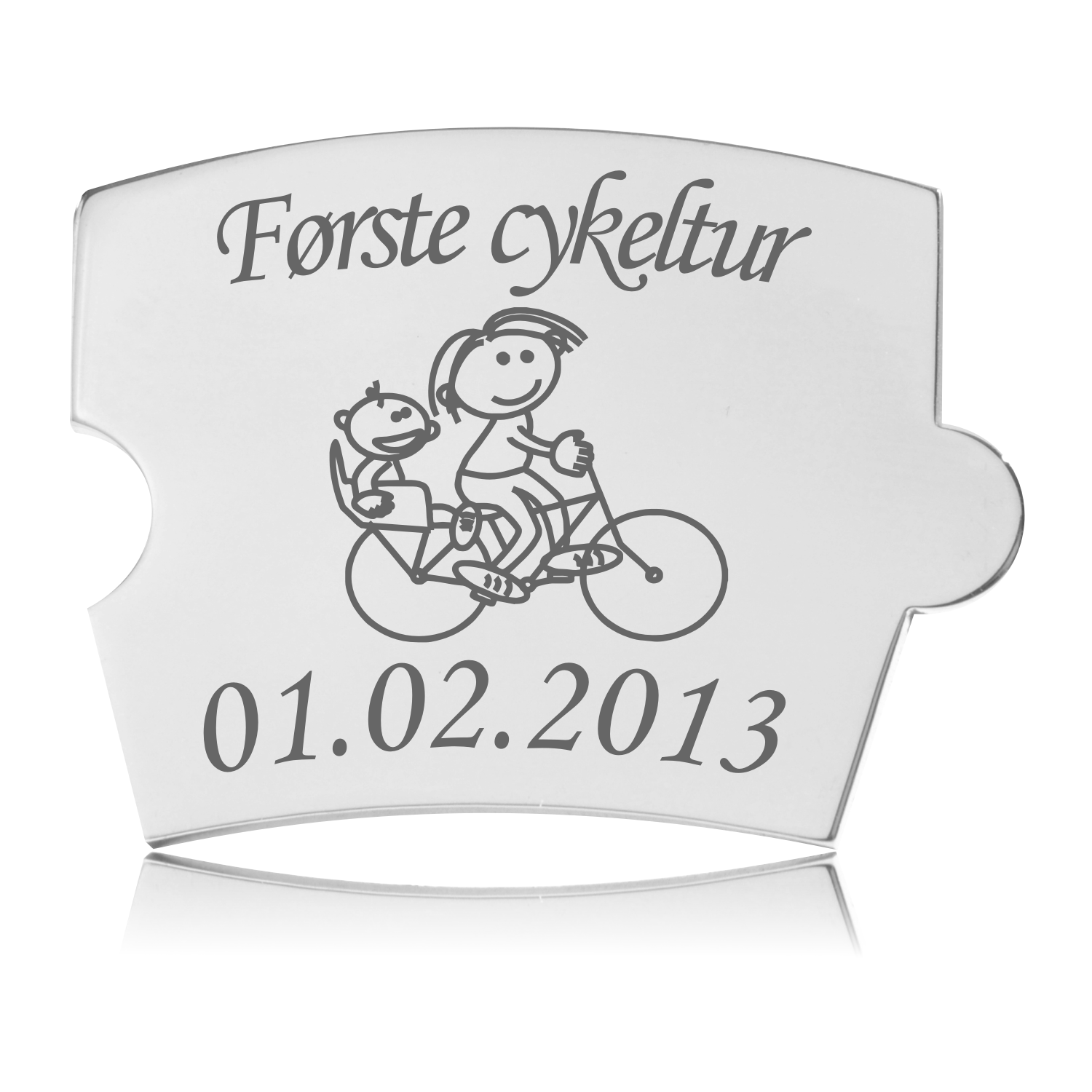 Memozz Spin brik i rustfrit stål med gravering: Første cykeltur og billede af en voksen og et barn på cykel