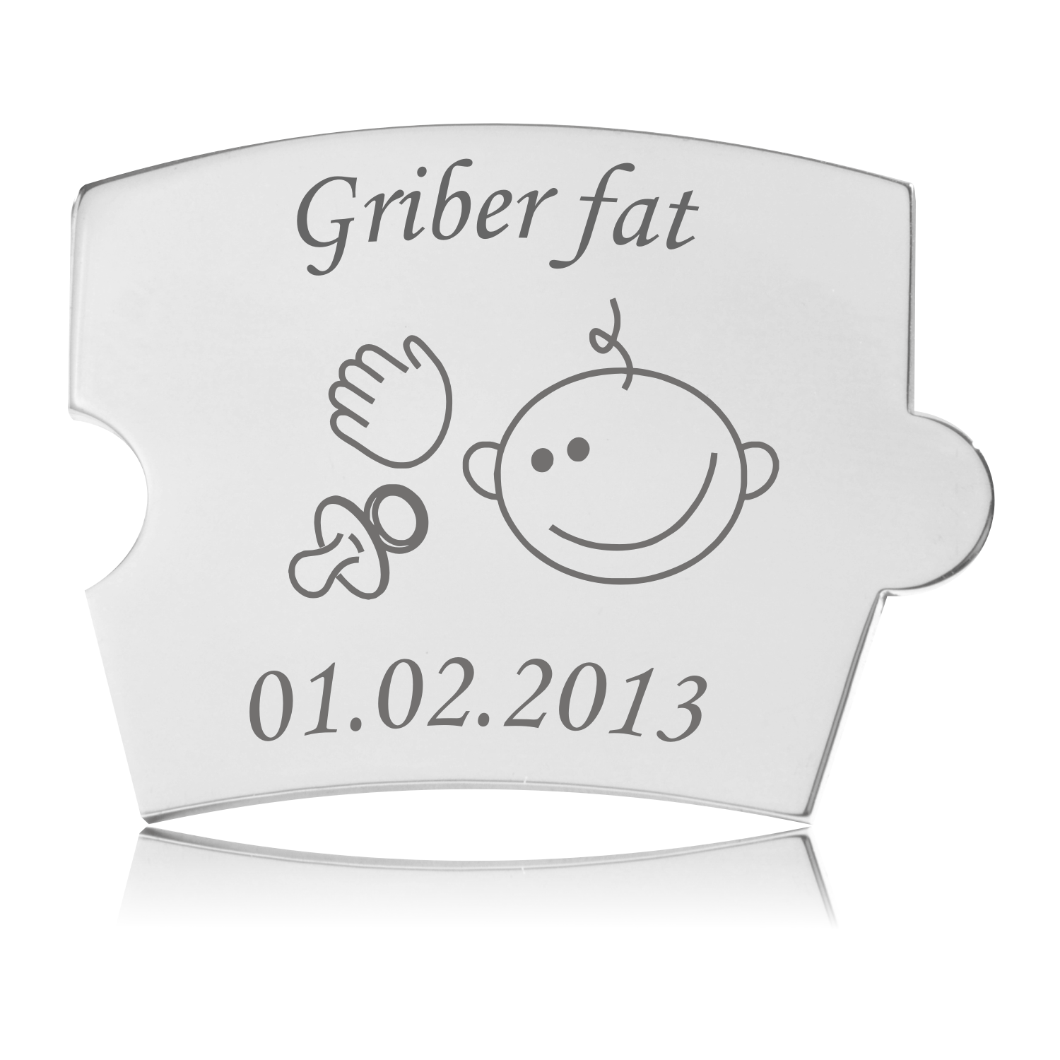 Memozz Spin brik "Griber fat" i håndpoleret rustfrit stål med lasergraveret tekst og babyillustration, til mindetavle