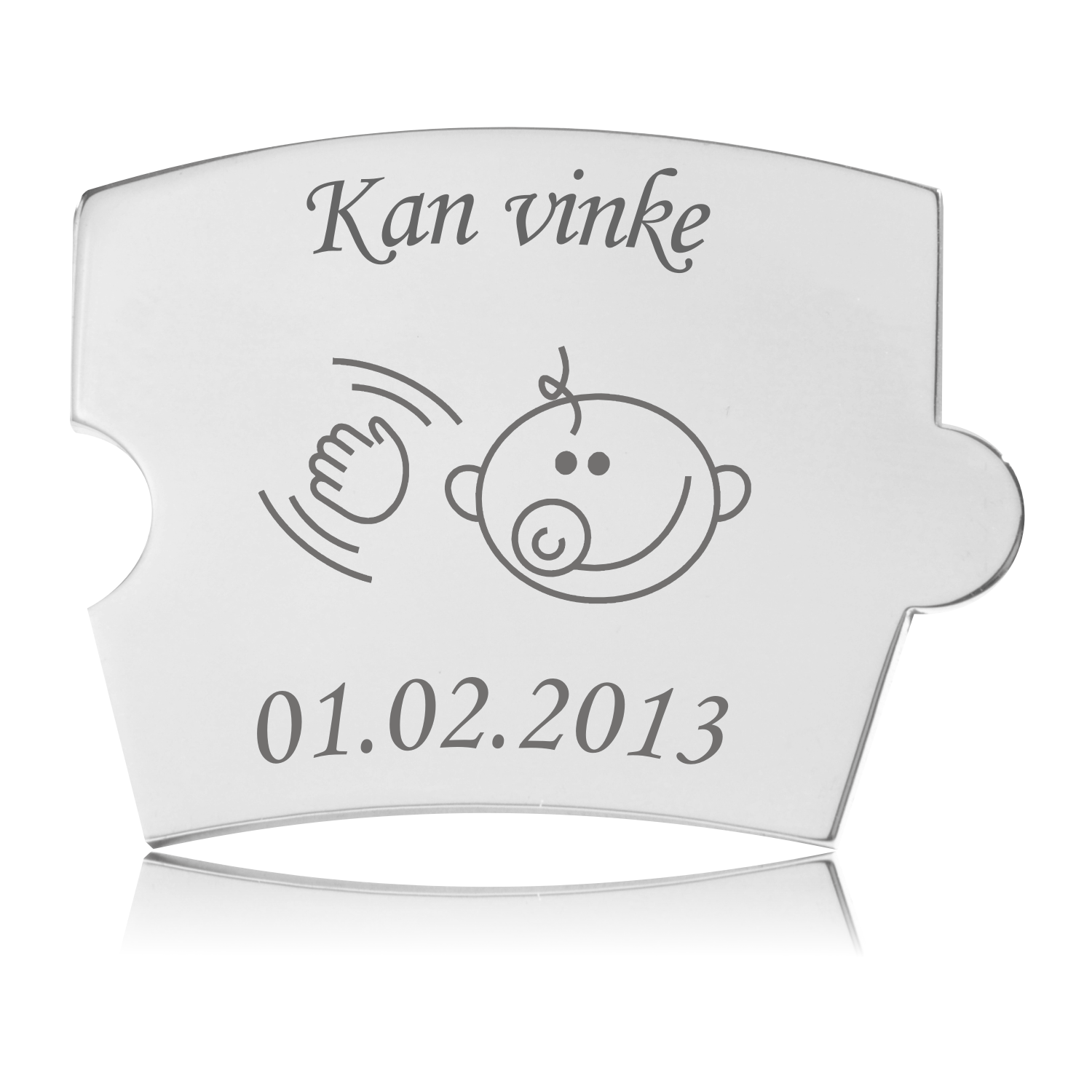 Memozz Spin brik i håndpoleret stål med gravering: Kan vinke og babyansigt. Perfekt til mindetavlen.