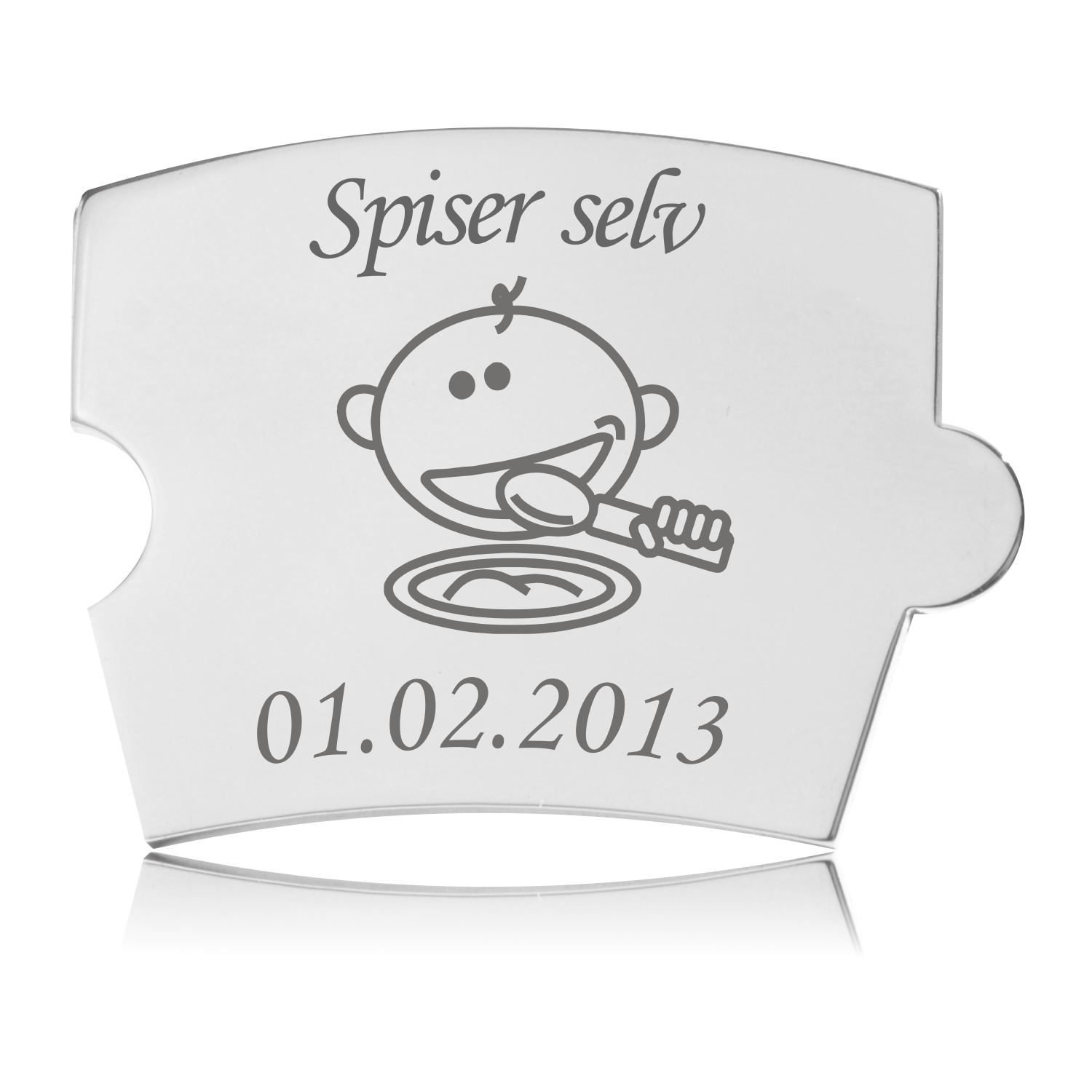 Memozz Spin brik i poleret rustfrit stål med teksten "Spiser selv" og en illustration af en baby der spiser fra en tallerken.