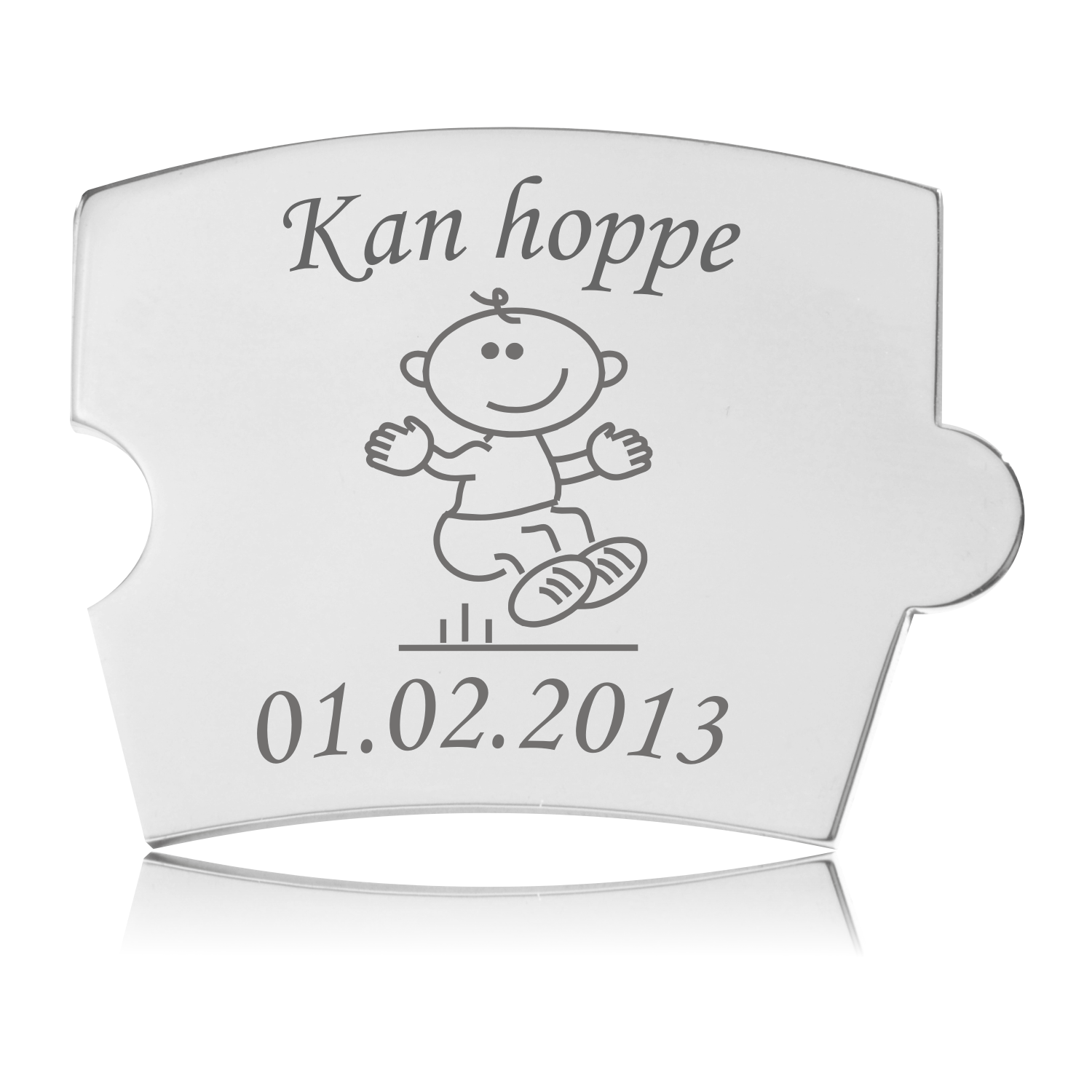 Memozz Spin brik - Kan hoppe Memozz Spin brik "Kan hoppe" i håndpoleret rustfrit stål med graveret motiv af hoppende barn.