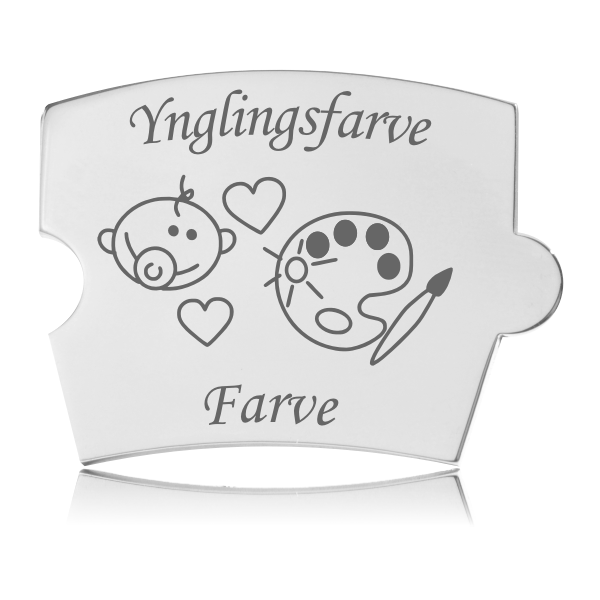 Memozz Spin "Yndlingsfarve" brik i håndpoleret rustfrit stål med gravering af baby, hjerte, palet og pensel for at symbolisere barnets kreativitet