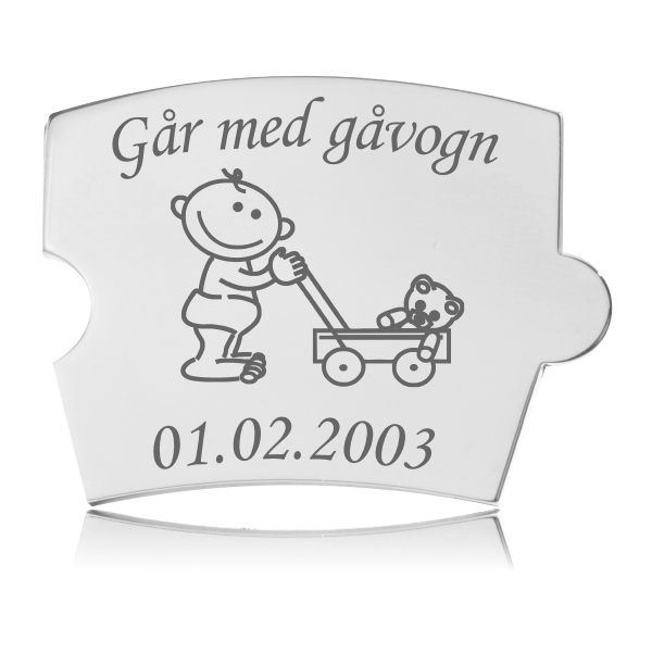 Memozz Spin brik "Går med gåvogn" i håndpoleret rustfrit stål med lasergraveret illustration af baby og gåvogn