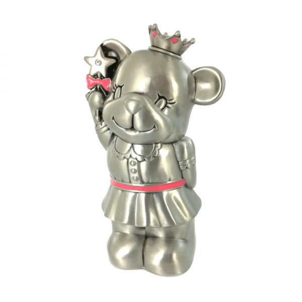 Prinsesse Bamse Sparebøsse i fortinnet metal med lyserøde detaljer og krone