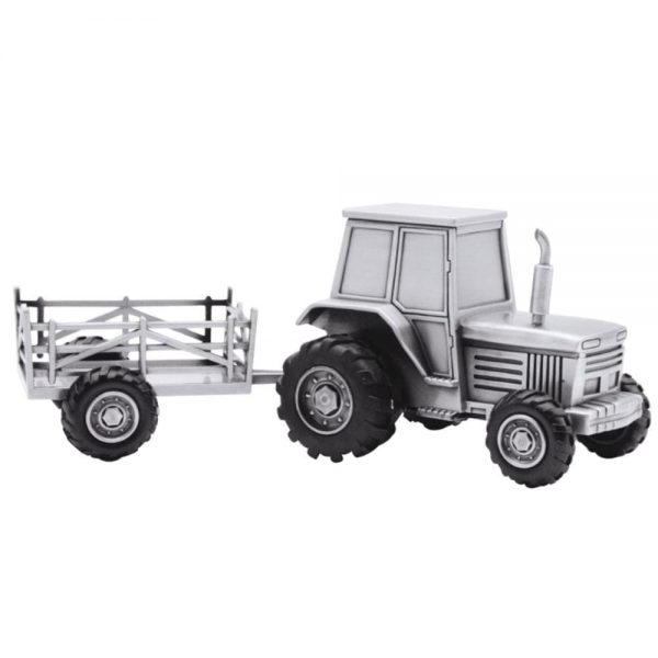 Fortinnet traktor med vogn sparebøsse med fine detaljer, perfekt til børneværelset og personlig gave.