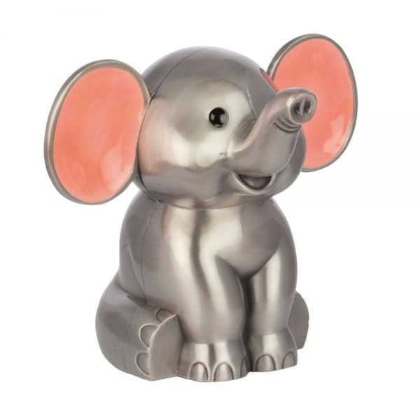 Elefant sparebøsse i fortinnet metal med skinnende pink emalje på indersiden af ørerne. Den sidder ned og smiler.