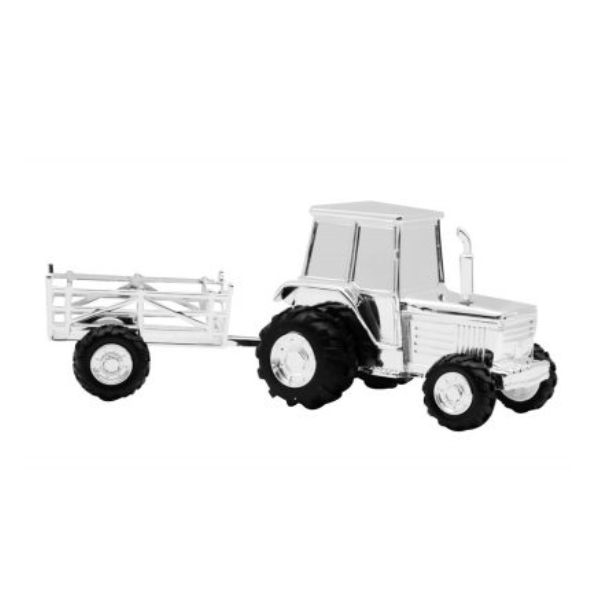 Forkromet traktor med vogn sparebøsse fra Nordahl Andersen på hvid baggrund
