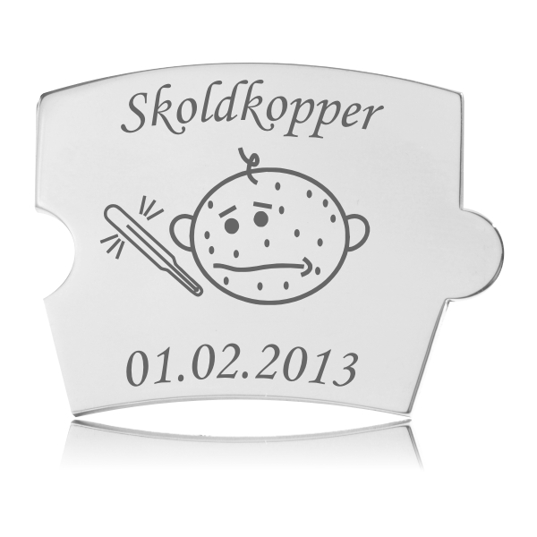 Memozz Spin Brik "Skoldkopper" Memozz Spin brik med "Skoldkopper" indgravering, motiv af barn med prikker og termometer på reflekterende stål.
