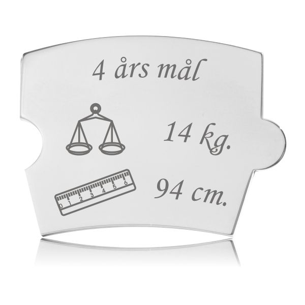 Memozz Spin - "4 års mål" mindebrik i blankt rustfrit stål med gravering af vægt og lineal.