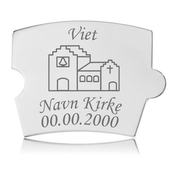 Memozz Spin brik i håndpoleret rustfrit stål med lasergraveret kirkemotiv og teksten "Viet".