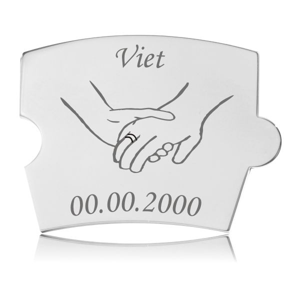 Memozz Spin brik "Viet - Model Hænder" i håndpoleret rustfrit stål med gravering af to hænder, der holder hinanden, og ordet "Viet".