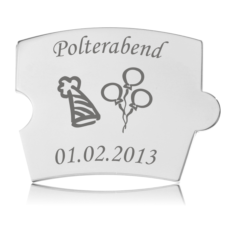 Memozz Spin brik til polterabend i elegant håndpoleret rustfrit stål med gravering af festhat og balloner.