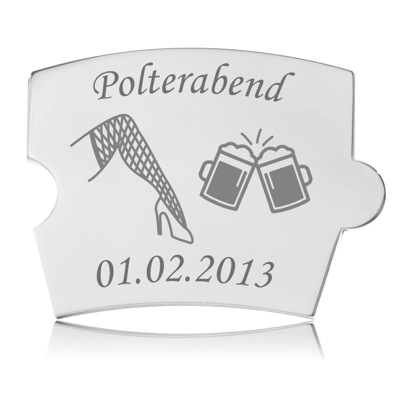 Memozz Spin brik til polterabend i håndpoleret stål med gravering af ben, ølkrus og teksten "Polterabend"