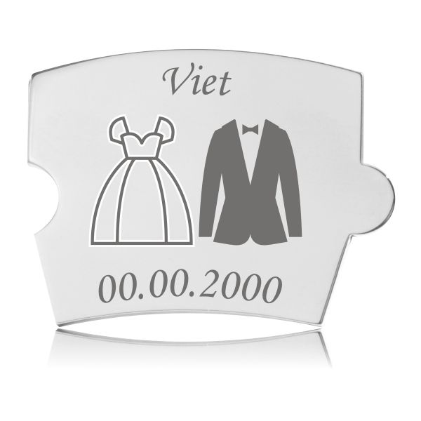 Memozz Spin brik "Viet - Model kjole og hvidt" i poleret rustfrit stål med lasergravering af brudekjole og habit
