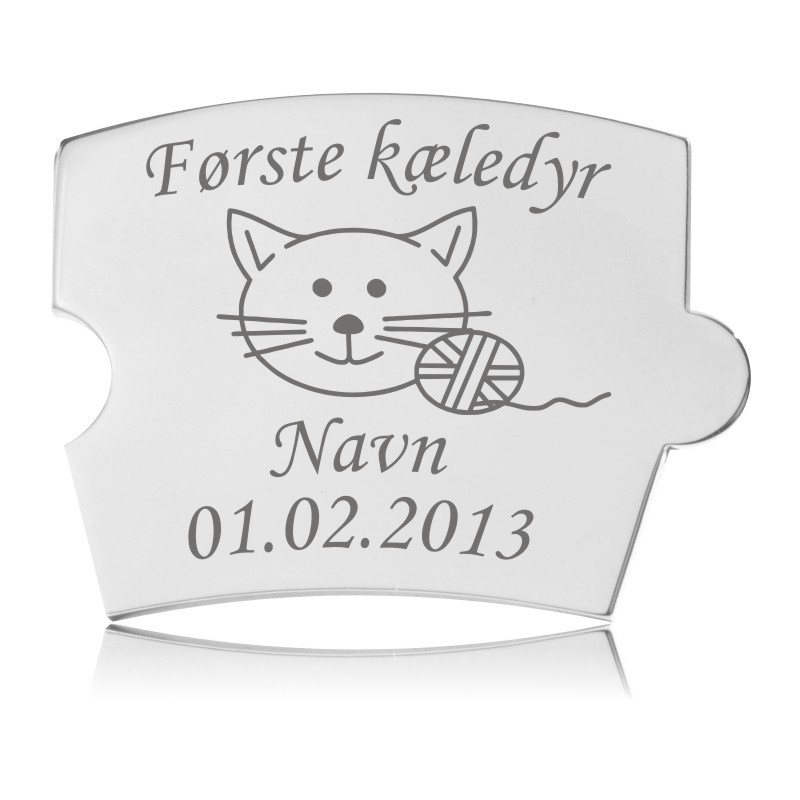 Memozz Spin brik i håndpoleret rustfrit stål med gravering af en kat og teksten "Første kæledyr"
