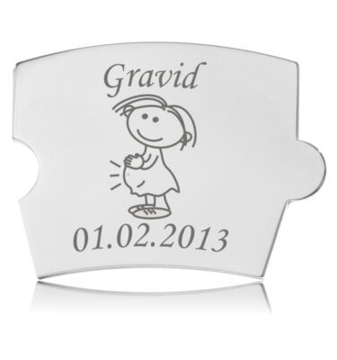 Memozz Spin mindebrik "Gravid - Model Mor" i blankt, håndpoleret rustfrit stål med lasergraveret gravid kvinde figur og ordet "Gravid".