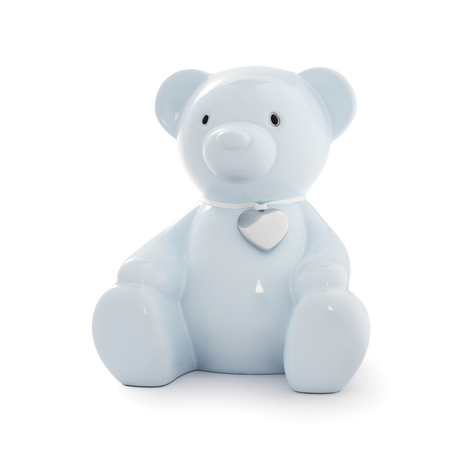 Lyseblå Bamse Sparebøsse med Graveringsplade Lyseblå sparebøsse formet som en vamset bamse med skinnende hjerteformet graveringsplade om halsen