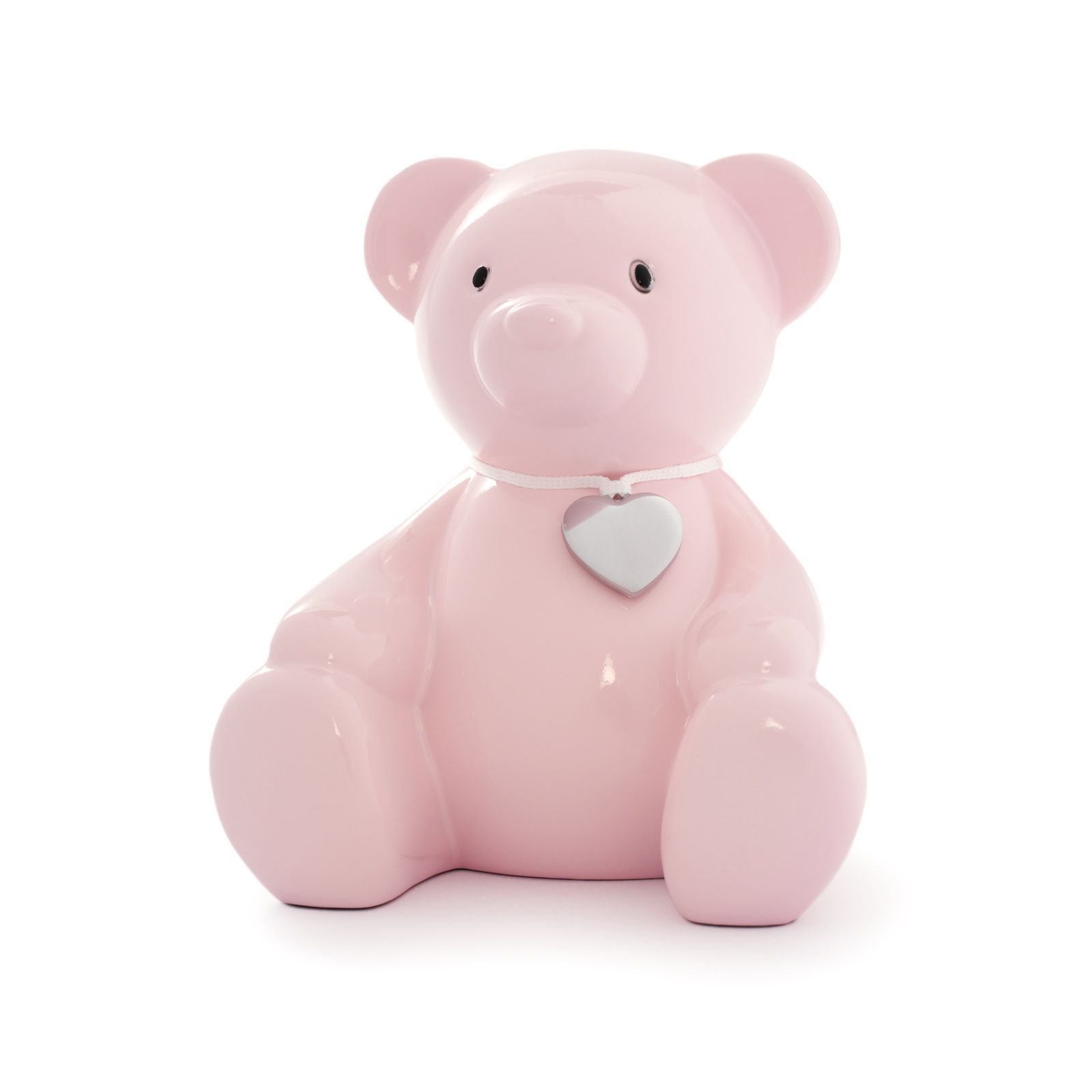 Lyserød sparebøsse bamse med et hjerteformet skilt om halsen, ideel til gravering og en personlig gave.