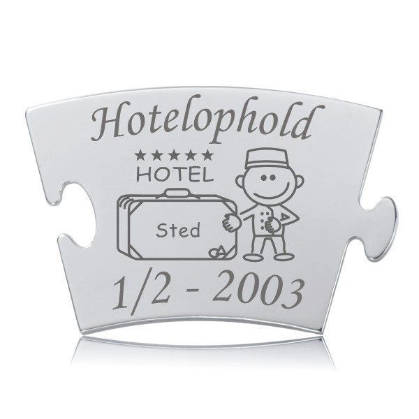 Memozz Classic brik "Hotelophold" i poleret rustfrit stål med 5-stjernet hotel, kuffert og piccolo ikon
