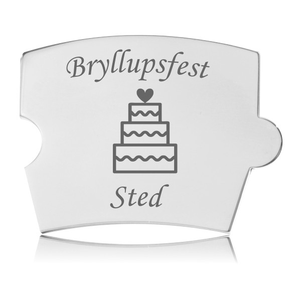 Memozz Spin Bryllupsfest brik i håndpoleret rustfrit stål med gravering af bryllupskage og teksten "Bryllupsfest" samt "Sted"