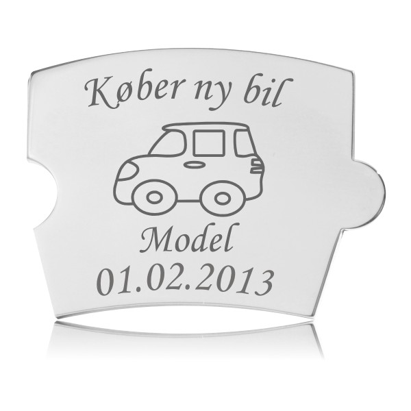Memozz Spin brik i poleret rustfrit stål med gravering af bil og teksten "Køber ny bil" og "Model"
