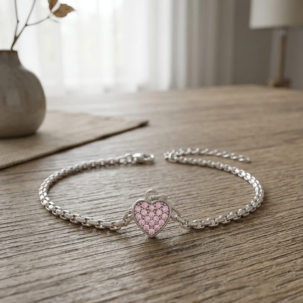 Armbånd med hjerte og pink sten Sølv armbånd med hjerte og pink sten på lyst træbord i skandinavisk stue