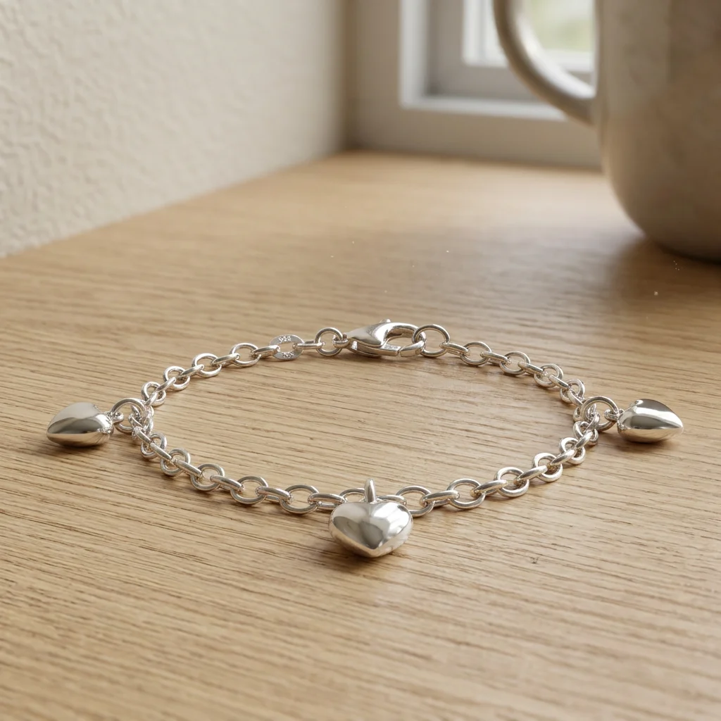 Armbånd med hjerter i skandinavisk indretning Armbånd med hjerter i guld på et træbord i et lyst skandinavisk hjem