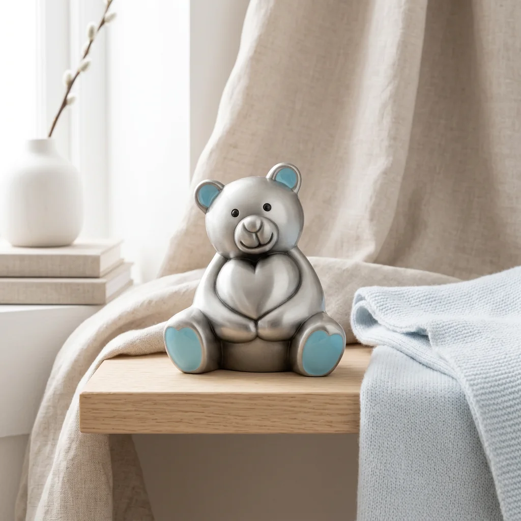 Produktbillede: Bamse fortinnet med blå detaljer Fortinnet bamse med blå detaljer på en træhylde i et skandinavisk børneværelse