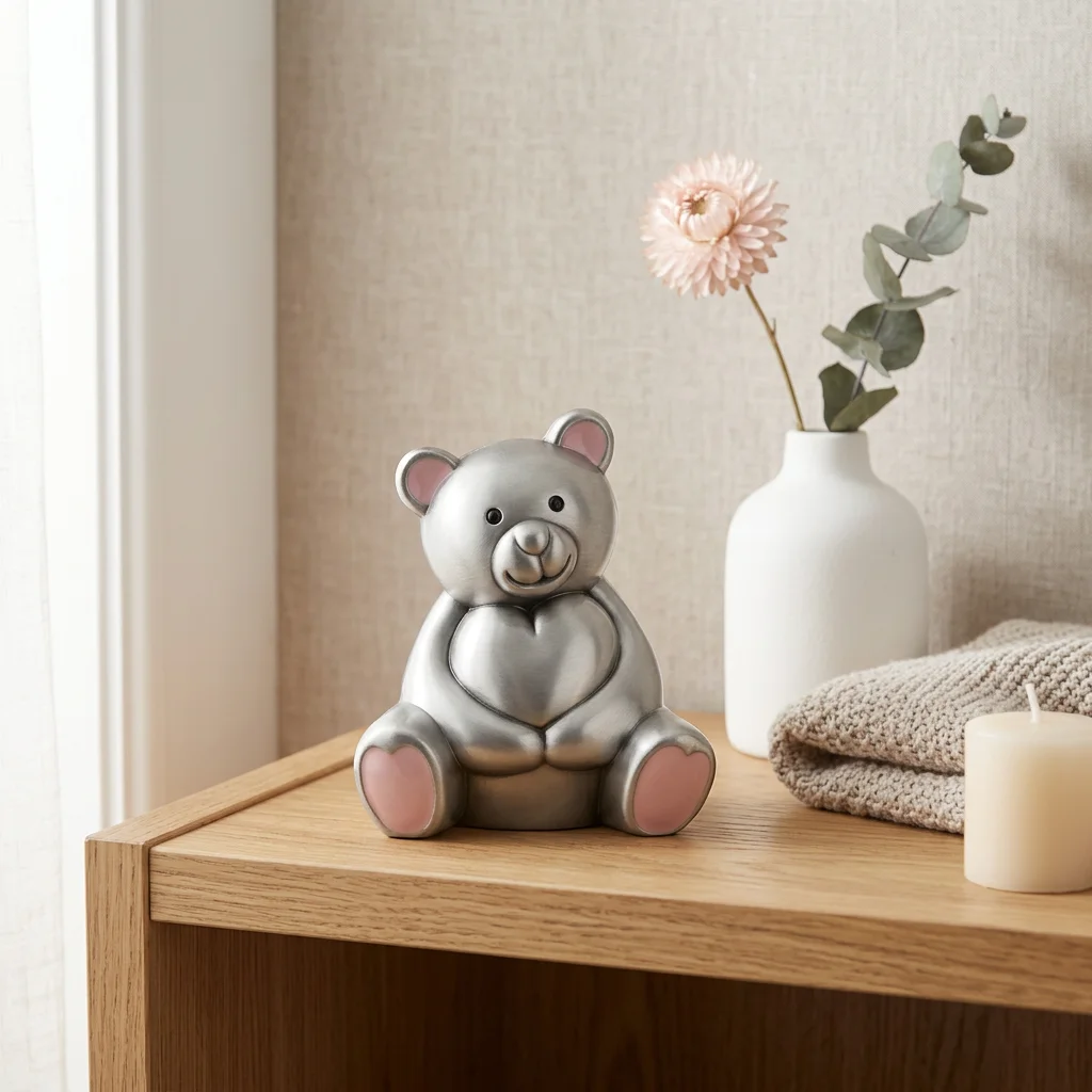 Fortinnet bamse til dåbsgave Fortinnet bamse med lyserøde detaljer i et lyst skandinavisk børneværelse