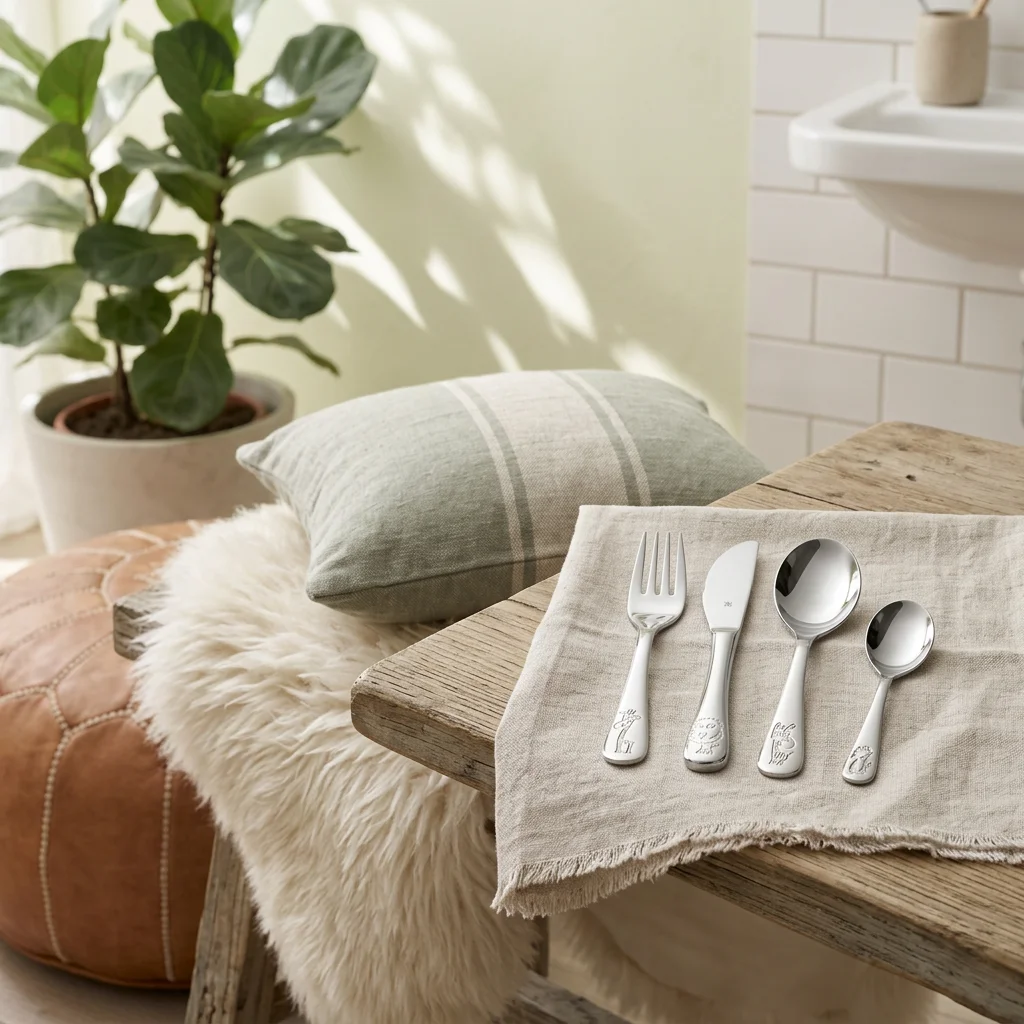 Børnebestik safari motiver skandinavisk stil Børnebestik med safari motiver i et lyst skandinavisk køkken