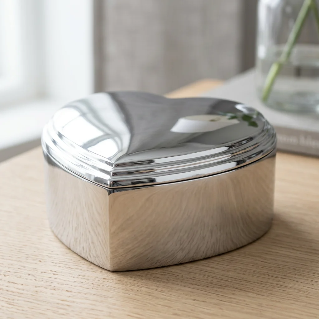 Forkromet smykkeskrin 8x8 cm Forkromet smykkeskrin 8x8 cm placeret på et minimalistisk lyst trébord i et skandinavisk hjem.