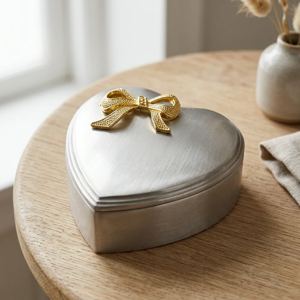 Fortinnet-smykkeskrin-guld-sloejfe Fortinnet smykkeskrin med forgyldt sløjfe 10x10 cm i lyst skandinavisk interiør