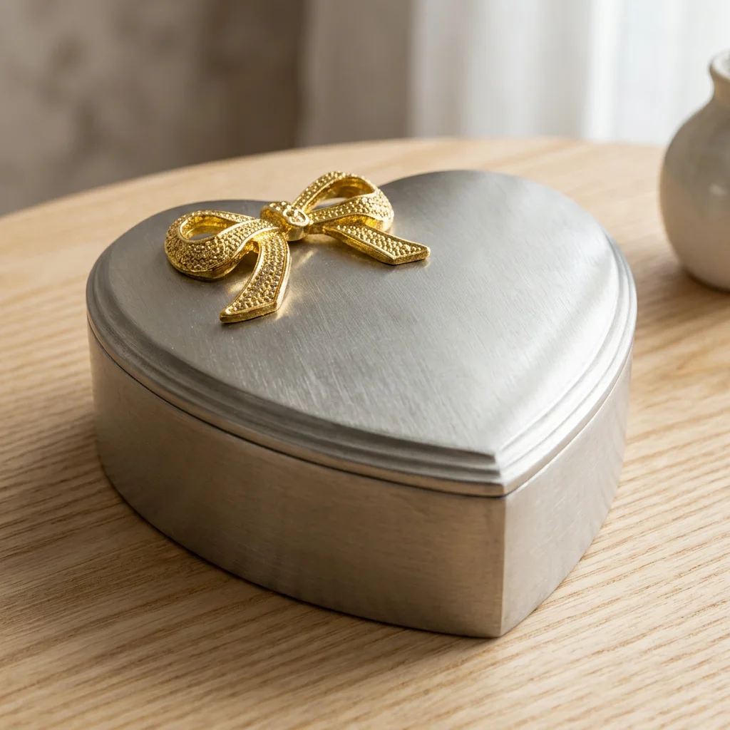 Smykkeskrin-fortinnet-guld-sloejfe Fortinnet smykkeskrin med forgyldt sløjfe 12x12 cm i skandinavisk indretning