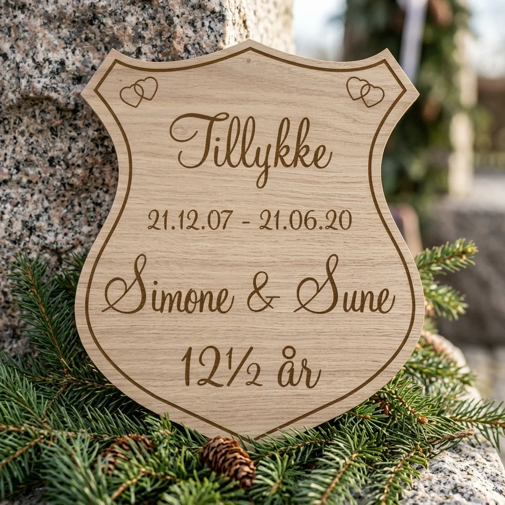 Æresport skjold Kobberbryllup 36 cm Hjerteformet kobberbryllupsskjold monteret på en traditionel æresport af gran udendørs