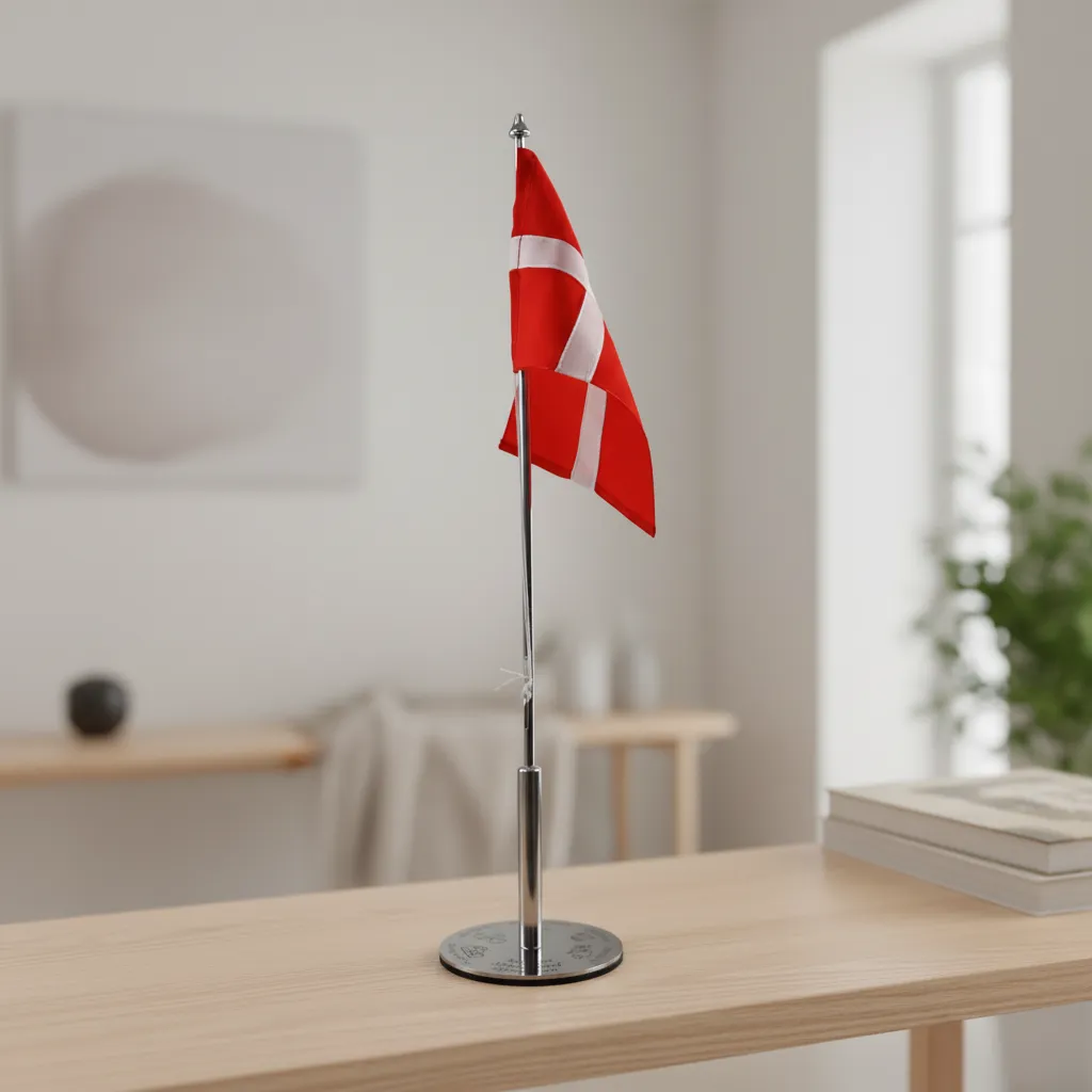 Dansk Bordflag på Træbord Dansk bordflag hvidt kors på rød baggrund, stående på et lyst træbord i et minimalistisk rum.