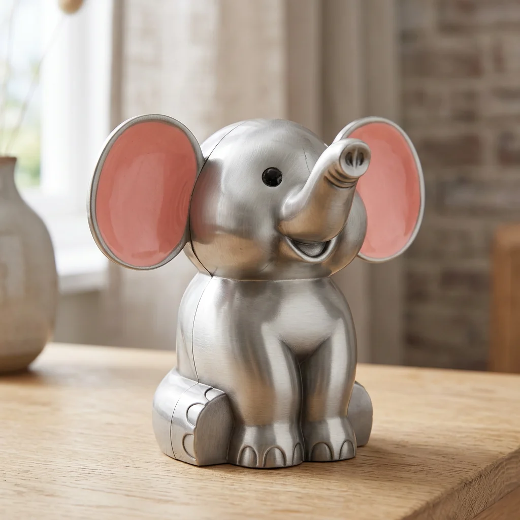 Elefant fortinnet med pink ører - skandinavisk indretning Elefant i fortinnet finish med pink ører placeret i et lyst skandinavisk hjem