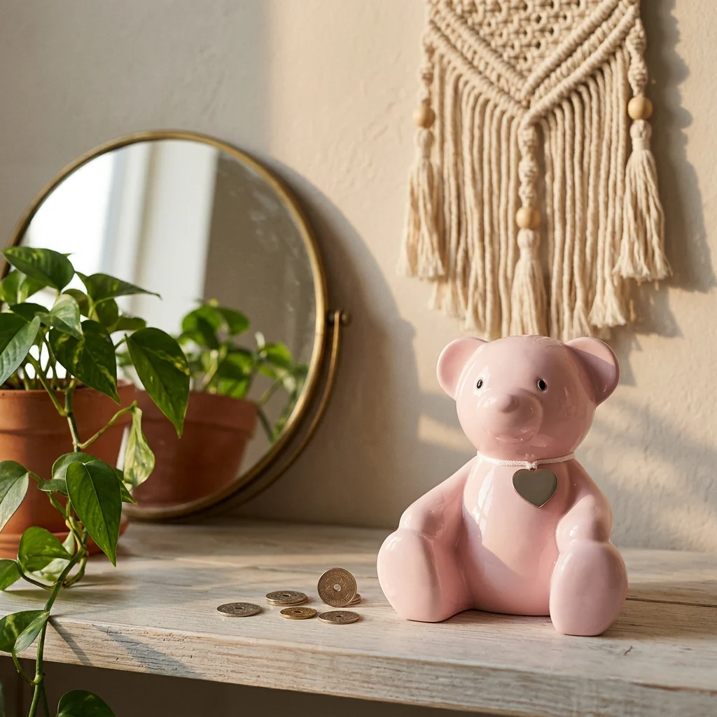 Lyserød sparebøsse bamse 10 cm Lyserød sparebøsse bamse med graveringsplade og danske mønter