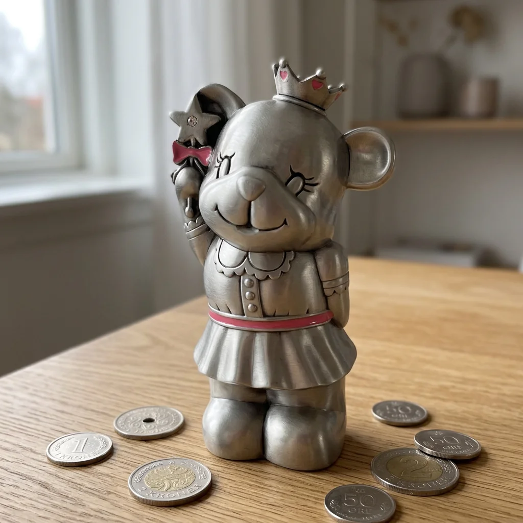 Prinsesse Bamse sparebøsse Lyserød Prinsesse Bamse sparebøsse på 12 cm ved siden af små danske mønter