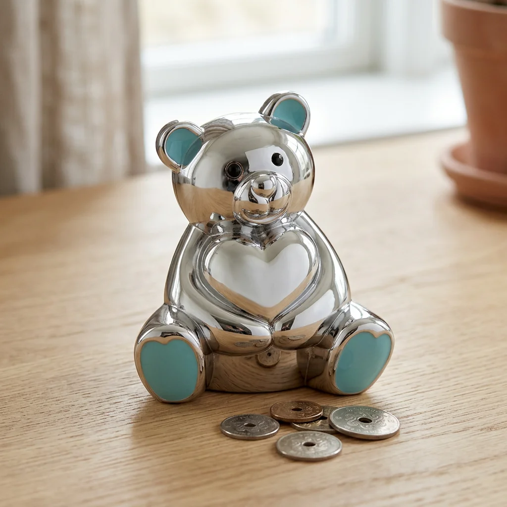 Sparebøsse bamse forkrommet m. blå detaljer Forkrommet sparebøsse bamse med blå ører ved siden af danske mønter