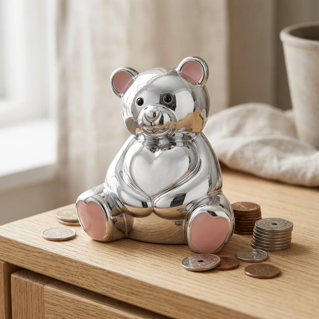 Sparebøsse bamse forkrommet pink detaljer Forkrommet sparebøsse bamse med pink ører og fødder ved siden af danske mønter
